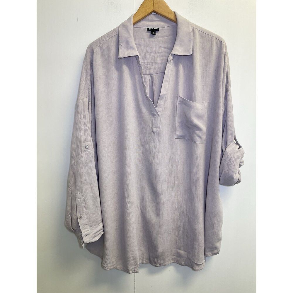 Torrid Women's Size 2 Tunic Top Roll Tab Long Sleeve Lilac Dust Crinkled Shirt